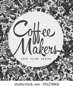 Hand drawn flat cartoon coffee set of equipments for coffee shop, cafe menu. Classic and alternative methods of brewing coffee. Coffee makers, coffee cups.