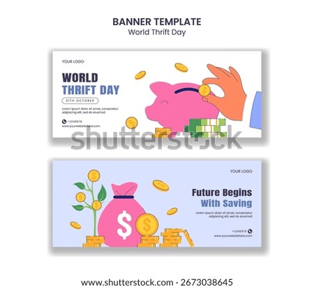 Hand Drawn Flat Cartoon Illustration of World Thrift Day Horizontal Banner Design