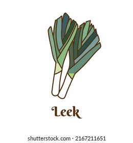 Hand drawn flat cartoon vector illustration of leek isolated on white background