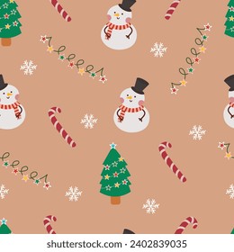 Hand drawn flat christmas pattern design with snowman character