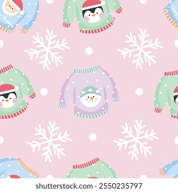 Hand drawn flat christmas seamless pattern design. Cute kawaii style. Suitable for wallpaper, backdrop, wrapping paper, children product, etc