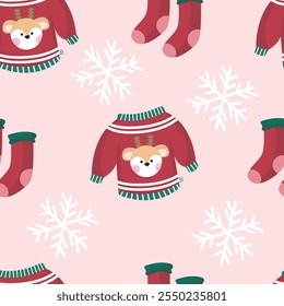 Hand drawn flat christmas seamless pattern design. Cute kawaii style. Suitable for wallpaper, backdrop, wrapping paper, children product, etc