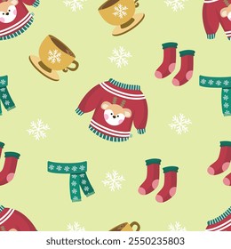 Hand drawn flat christmas seamless pattern design. Cute kawaii style. Suitable for wallpaper, backdrop, wrapping paper, children product, etc