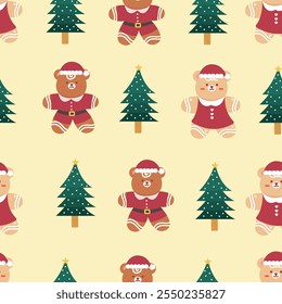 Hand drawn flat christmas seamless pattern design. Cute kawaii style. Suitable for wallpaper, backdrop, wrapping paper, children product, etc