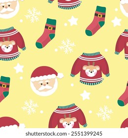 Hand drawn flat christmas seamless pattern design. Cute kawaii style. Suitable for wallpaper, backdrop, wrapping paper, children product, etc