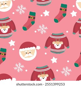 Hand drawn flat christmas seamless pattern design. Cute kawaii style. Suitable for wallpaper, backdrop, wrapping paper, children product, etc