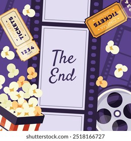 Fondo plano dibujado a mano del marco del cine con los boletos y las palomitas
