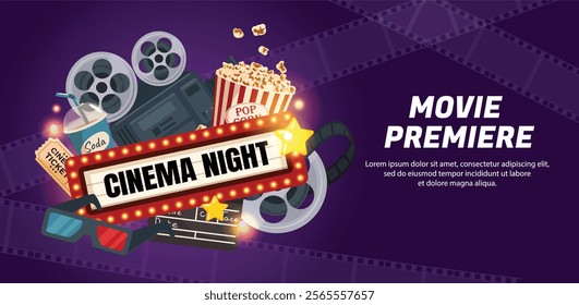 Hand Drawn Flat Cinema horizontal banner template for movie premiere