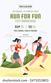 Hand drawn flat city marathon poster template with women running