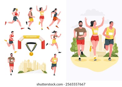 Hand drawn flat city marathon icons with illustration set collection