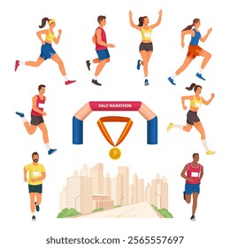 Hand drawn flat city marathon element set collection