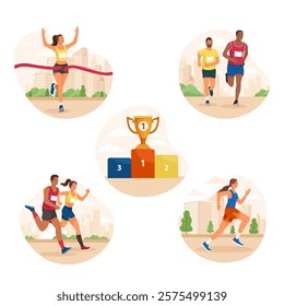 Hand drawn flat city marathon mini illustration set collection with people running