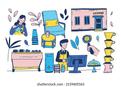 Hand drawn flat coffee shop interior with counter and coffee machine, barista prepares coffee, process, coffee shop building. Doodle colorful illustration cafe set.