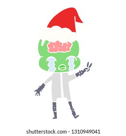 hand drawn flat color illustration of a big brain alien crying and giving peace sign wearing santa hat