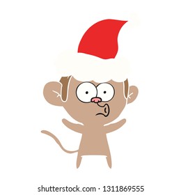 hand drawn flat color illustration of a surprised monkey wearing santa hat