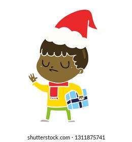 hand drawn flat color illustration of a grumpy boy wearing santa hat