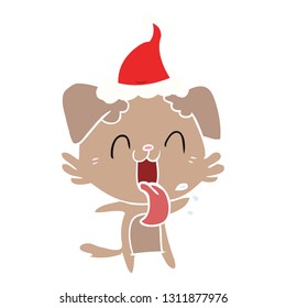 hand drawn flat color illustration of a panting dog wearing santa hat