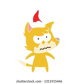 hand drawn flat color illustration of a annoyed fox wearing santa hat