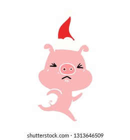hand drawn flat color illustration of a annoyed pig running wearing santa hat