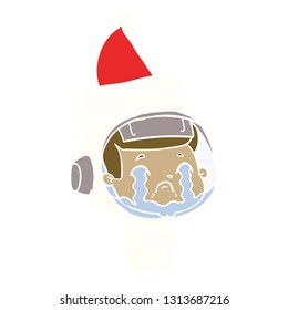 hand drawn flat color illustration of a crying astronaut wearing santa hat