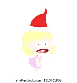 hand drawn flat color illustration of a shocked elf girl wearing santa hat