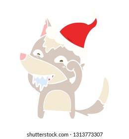hand drawn flat color illustration of a hungry wolf wearing santa hat