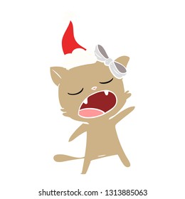 hand drawn flat color illustration of a singing cat wearing santa hat