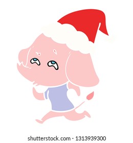 hand drawn flat color illustration of a elephant remembering wearing santa hat