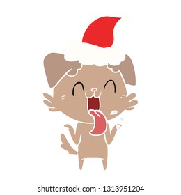 hand drawn flat color illustration of a panting dog shrugging shoulders wearing santa hat