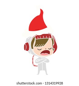 hand drawn flat color illustration of a astronaut woman explaining wearing santa hat