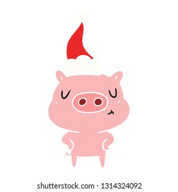 hand drawn flat color illustration of a content pig wearing santa hat