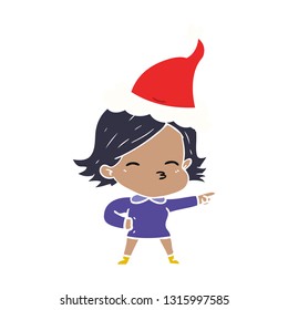 hand drawn flat color illustration of a woman pointing wearing santa hat