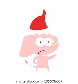 hand drawn flat color illustration of a unsure elephant wearing santa hat