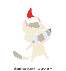 hand drawn flat color illustration of a crying wolf wearing santa hat