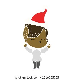 hand drawn flat color illustration of a squinting girl wearing santa hat