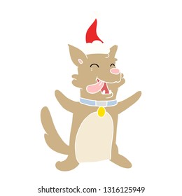 hand drawn flat color illustration of a happy dog wearing santa hat