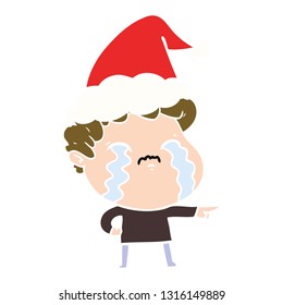 hand drawn flat color illustration of a man crying wearing santa hat