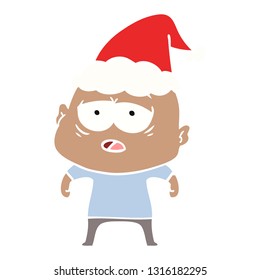 hand drawn flat color illustration of a tired bald man wearing santa hat