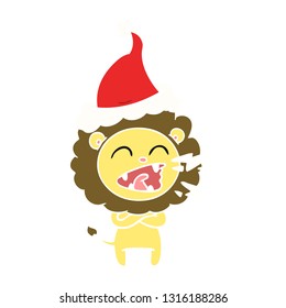 hand drawn flat color illustration of a roaring lion wearing santa hat