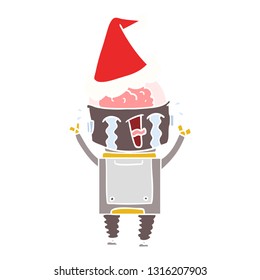 hand drawn flat color illustration of a crying robot wearing santa hat
