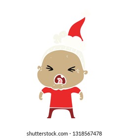 hand drawn flat color illustration of a angry old woman wearing santa hat
