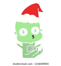 hand drawn flat color illustration of a weird bald spaceman wearing santa hat