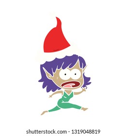 hand drawn flat color illustration of a shocked elf girl wearing santa hat