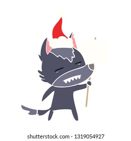 hand drawn flat color illustration of a wolf with sign post showing teeth wearing santa hat