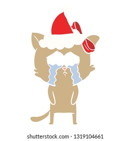 hand drawn flat color illustration of a cat wearing santa hat