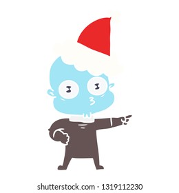 hand drawn flat color illustration of a weird bald spaceman wearing santa hat
