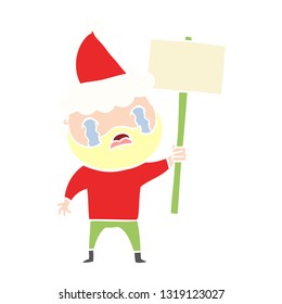 hand drawn flat color illustration of a bearded protester crying wearing santa hat