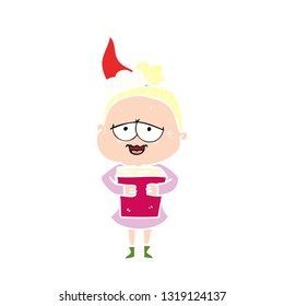 hand drawn flat color illustration of a happy old lady wearing santa hat