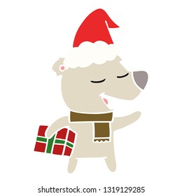 hand drawn flat color illustration of a bear with present wearing santa hat