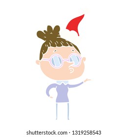 hand drawn flat color illustration of a woman wearing glasses wearing santa hat